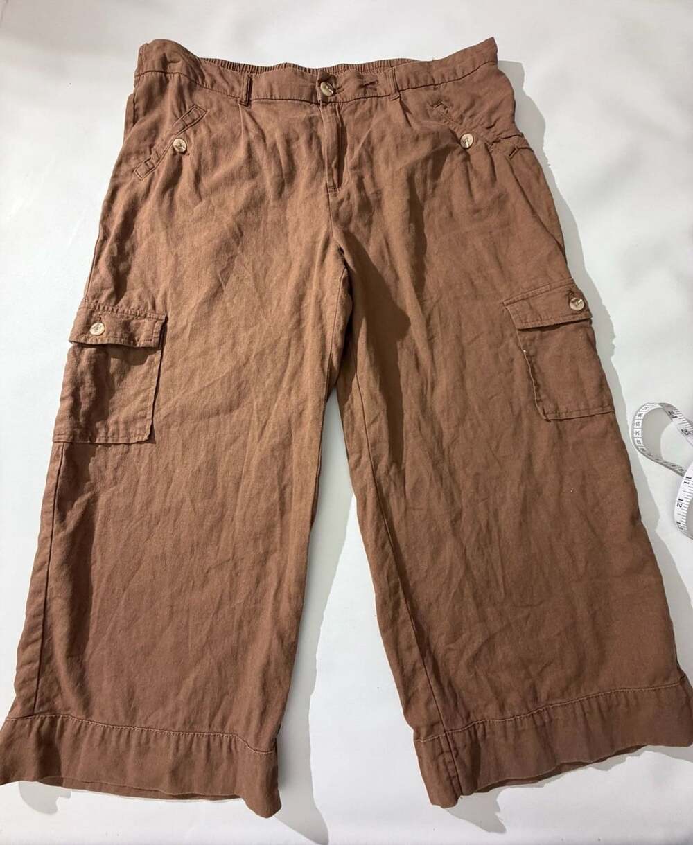 Cato XL Brown Cargo Capri Pants Wide Leg Elastic Waist Casual Linen Blend